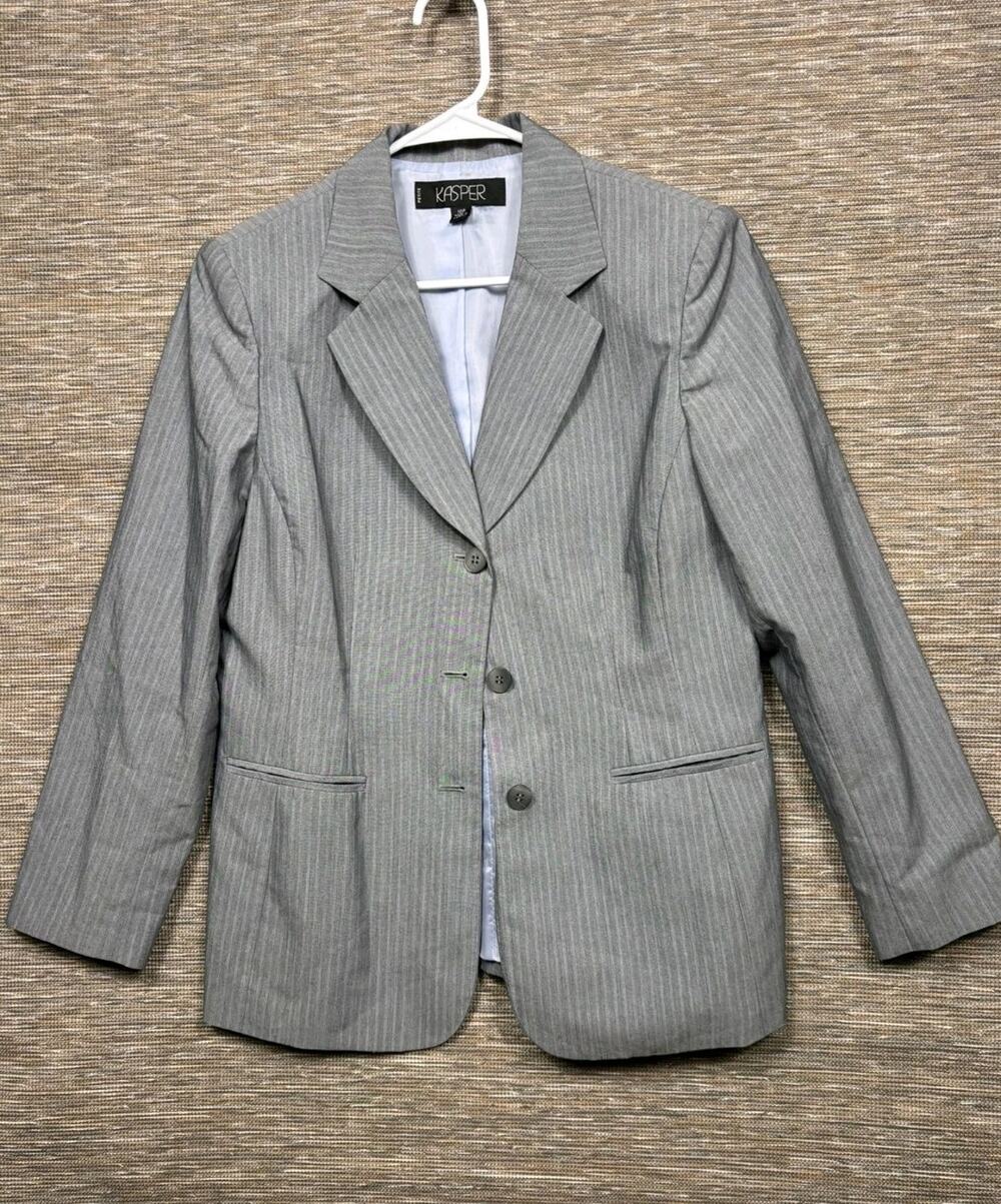 Kasper Blazer Jacket Womens Size 10P Gray Striped Three Buttons Casual Career
